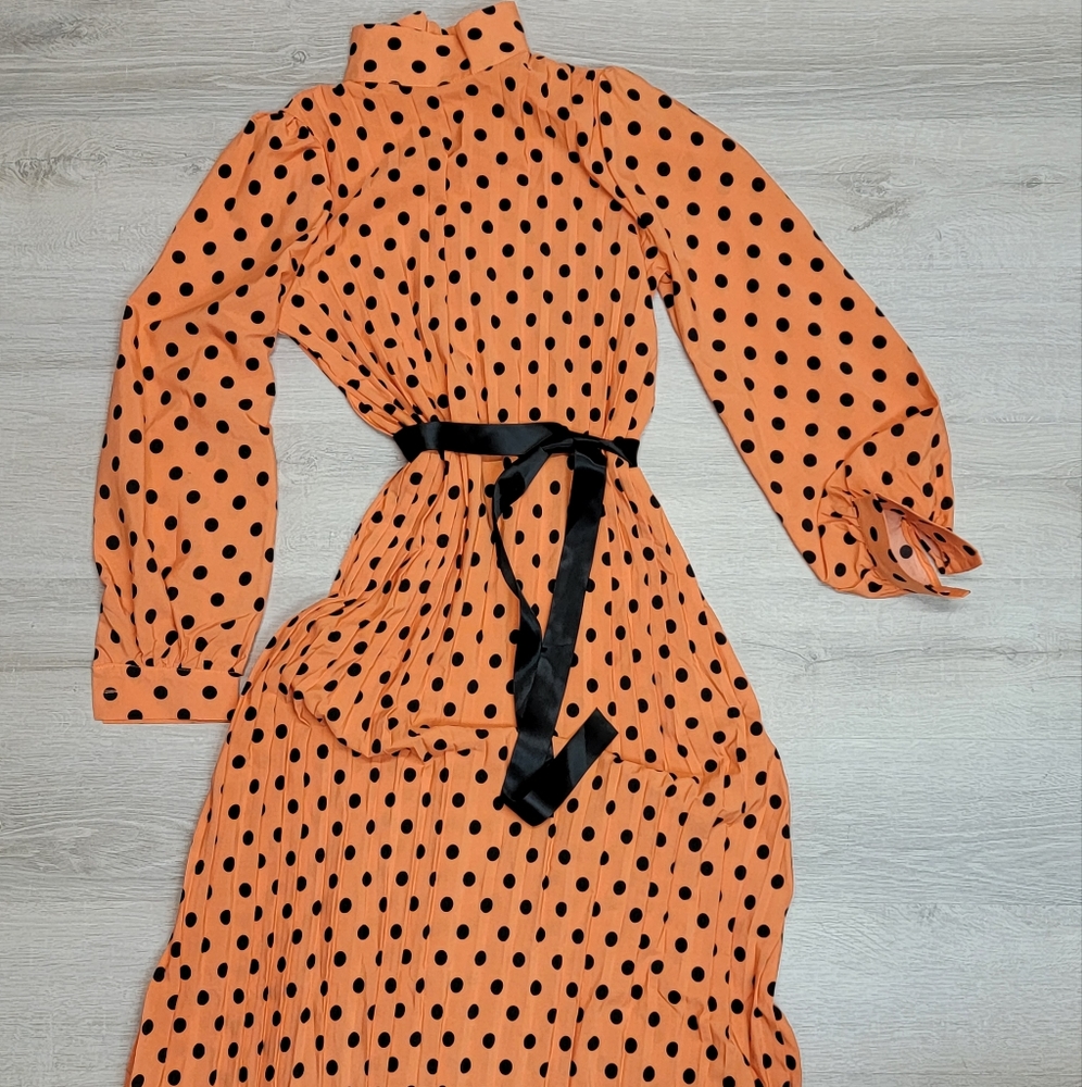 Metamorphosis Girl Large orange & black Polka Dot Pleated Dress NEW [87]
